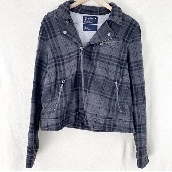 American Eagle Outfitters Jackets & Blazers - American Eagle Grey Plaid Motorcycle Jacket